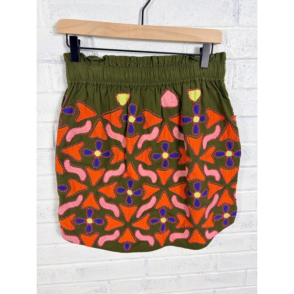 Maeve Abstract Embroidered Mini Skirt Womens S Green Anthropologie Linen Boho - Picture 2 of 12